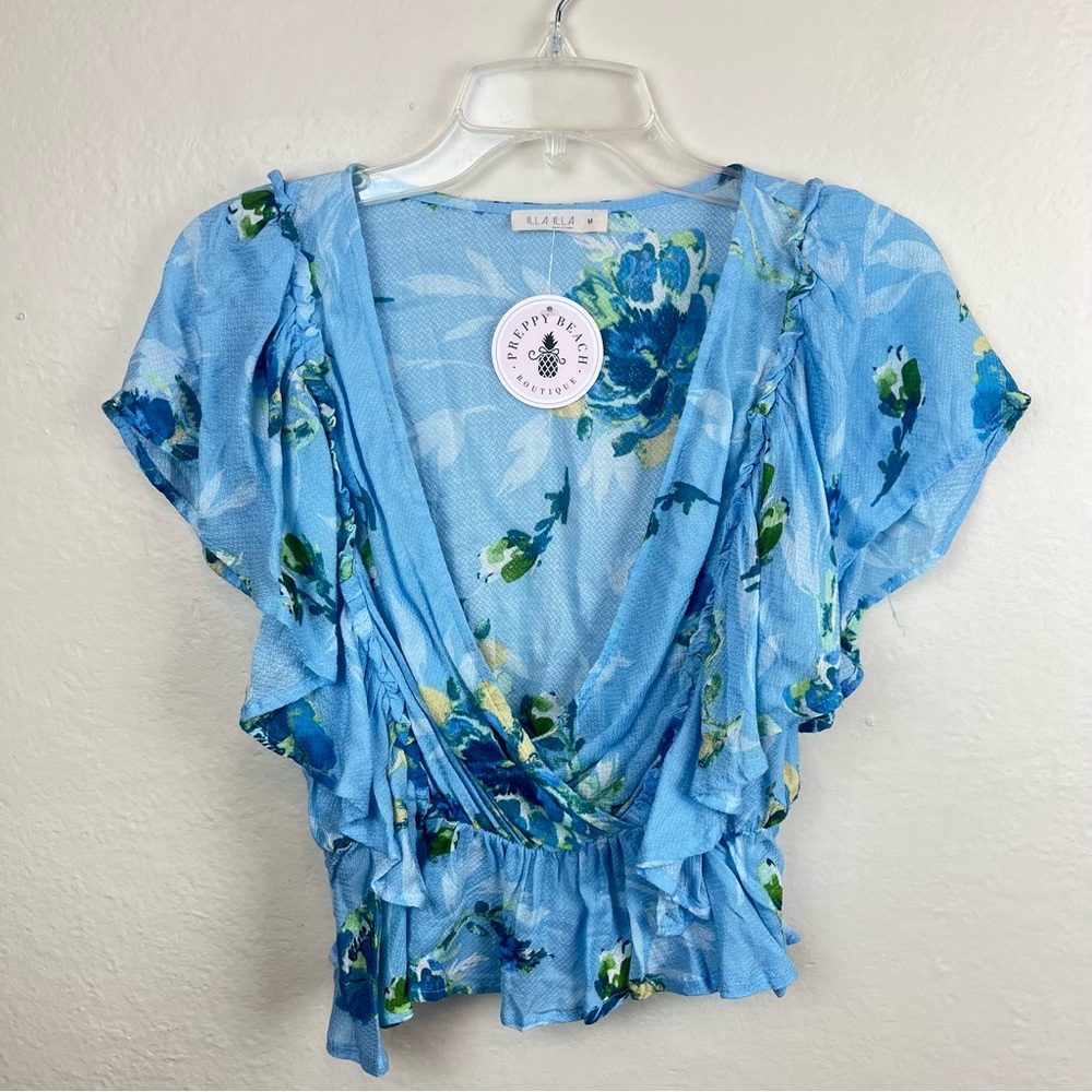 Illa Illa Blue floral flutter top/deep-V wrap front-Medium-NWT